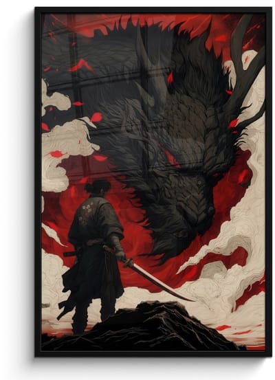 Poster in lijst - Fotolijst 80x120 cm - Posters - Krijger - Draak - Zwart - Rood - Rook - Posterlijst zwart - Decoratie - Wanddecoratie woonkamer - Muurdecoratie slaapkamer