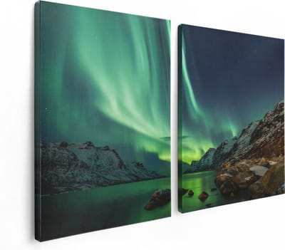 Artaza Canvas Schilderij Tweeluik Noorderlicht boven het Water in de Bergen - 120x80 - Foto Op Canvas - Canvas Print