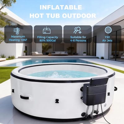 Opblaasbare Whirlpool 4-7 Personen XXL – 180 AirJets Massage Jacuzzi met LED Verlichting – 20-40°C Verwarming – EnergySense Isolatie Afdekking – Opblaasbare Spa voor Tuin, Terras & Buiten – House&Garden Aurora Elite Wellness Spa