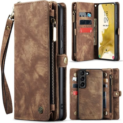 Geschikt Voor Samsung Galaxy S23 Hoesje - Solidenz Wallet Case S23 - Telefoonhoesje S23 - S23 Case Met Pasjeshouder - Met Ritsvak - Met Polskoord - Portemonee Hoes - Bruin