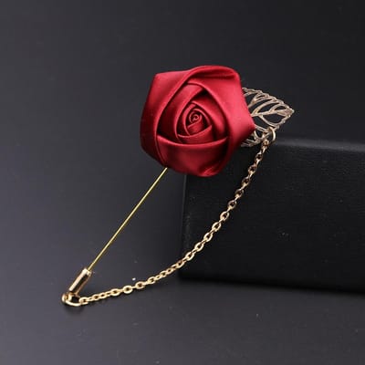 1 Pièce Ruban Haut de Gamme Hommes Fleur Rose Feuille Dorée Broche Mode Revers de Costume Nouveau Hommes Mariage Boutonnière Broche Bijou rouge vin