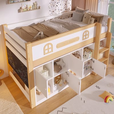 Halfhoogslaper 90 x 200 cm - met schoolbord - met opbergruimte en ladder - zonder matras - wit en houtkleur