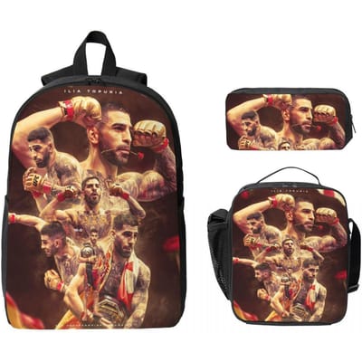 3 Stuks Ilia Topuria Worstelen Worstelaar Rugzak Set voor Jongen Meisje Pennen Etuis Boekentas Sets met Lunchbox Voor Schoolleerlingen Daypack beige