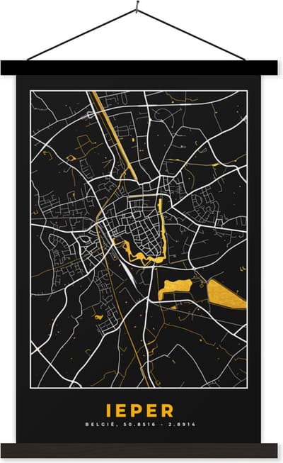 Posterhanger incl. Poster 40x60 cm - Schoolplaat - Ieper - Plattegrond - Kaart - Stadskaart - Goud - Textielposter - Zwarte latten - Stadskaart
