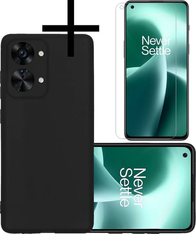 Hoesje - Met Screenprotector - Geschikt voor OnePlus Nord 2T - Sterk & Shockproof - Back Cover - Siliconen Case - Telefoon Hoes - Zwart
