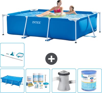 Intex Rechthoekig Frame Zwembad - 220 x 150 x 60 cm - Blauw - Inclusief Solarzeil - Onderhoudspakket - Zwembadfilterpomp - Filter - Schoonmaakset - 6-delig