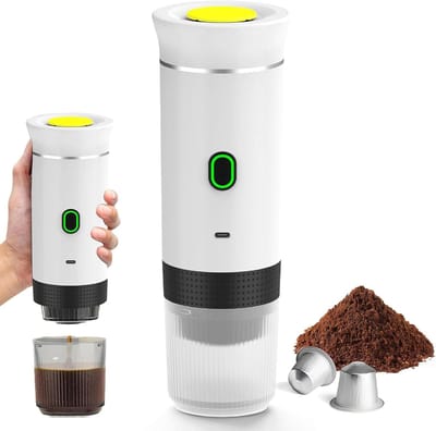 Draadloze Draagbare Espresso Machine - 3-in-1 Oplaadbare Koffiemaker voor Capsules en Poeder - 7500mAh - Geschikt voor Reis, Camping, Auto en Kantoor - Wit