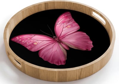 Dienblad rond 40x40 cm - Schootdienblad hout - Vlinder - roze - Elegant - Borrelplank rechthoek - Plateau houten dienbladen