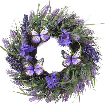 GELLDG Bloemenkrans - Kunstmatige lavendelkrans - Versierd met vlinders - Lentekrans - Deurklopper - Muurkrans - Zomerkrans - Geschikt voor thuis, feesten, deurdecoratie, bruiloften, cadeaus - 45 cm