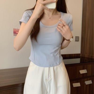 T-shirt à col U irrégulier à manches courtes pour femmes, été nouveau, version coréenne, coupe slim, taille haute, court, étudiant, haut uni XL bleu