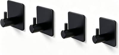 Sterke Adhesieve Wandhaak Set van 4, Roestvrij Stalen Haken voor Kleding en Accessoires, Zwart Vierkant Design