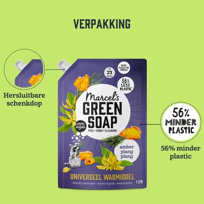 Marcel's Green Soap Universeel Wasmiddel Navulling - Amber & Ylang Ylang - 4 x 1L - 92 wasbeurten