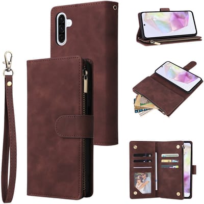 Telefoonhoesje geschikt voor Samsung Galaxy A17 5G / A26 5G - Portemonnee met rits - book-case hoesje - ruimte voor 6 pasjes - donker bruin