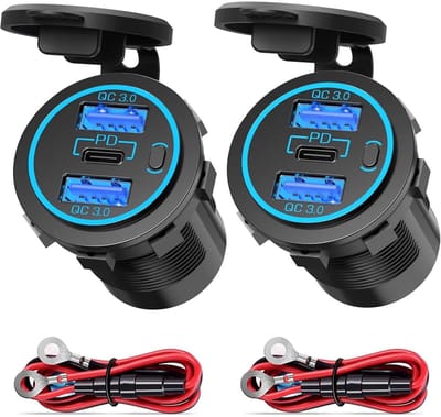 GELLDG USB-C Oplader - 12V Stopcontact - PD 3.0 Snel opladen tot 30W - Met Aan/Uit-schakelaar - IP66 Waterdicht - Geschikt voor Boot en Motor - Set van 2 stuks - Zwart