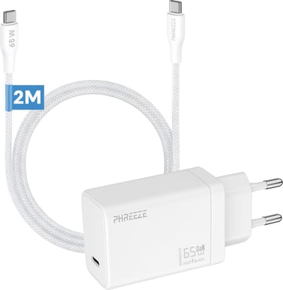 Phreeze usb C oplader 65 W met usb C naar usb C kabel 2 meter - Fast charger - Power adapter en tablet