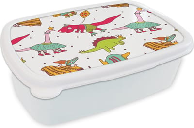 Broodtrommel Wit - Lunchbox - Brooddoos - Patronen - Dino - Kleuren - Jongens - Kinderen - Kids - Kind - 18x12x6 cm - Volwassenen