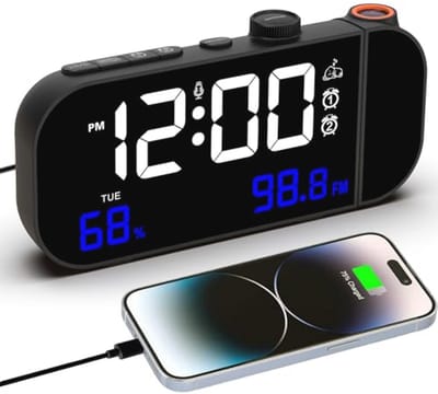 Digitale Projectiewekker 15 inch met Grote Cijfers, Dubbel Alarm, Snooze, Temperatuur, Luchtvochtigheid, Helderheid en Volume-instellingen - USB C Oplaadpoort