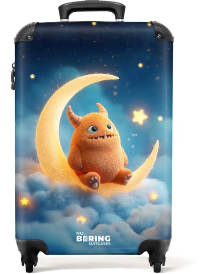 NoBoringSuitcases.com - Koffer - Geel monster op de maan - Past binnen 55x40x20 cm en 55x35x25 cm - Trolley handbagage - Valiezen met wieltjes volwassenen - Reiskoffer op wielen - Rolkoffer lichtgewicht