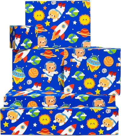 Cadeauverpakking Raket schip Maan Ster Zon Dierenruimte Inpakpapier 6 Vellen - Jongens Verjaardag - Stickers