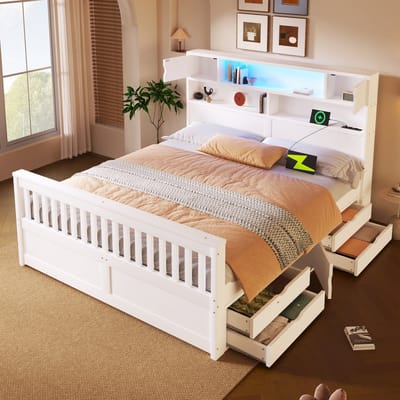 Tweepersoonsbed 160 x 200 cm - met opbergrek en lade - LED-verlichting - USB en vier lades - wit - zonder matras