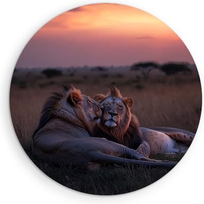 Saammp Muurcirkel Hout - Leeuwen liggen tegen elkaar aan - Dieren - Liefde - Ø 90 - Wandcirkel - Wanddecoratie Cirkel - Muurdecoratie Woonkamer - Slaapkamer decoratie - Rond Schilderij