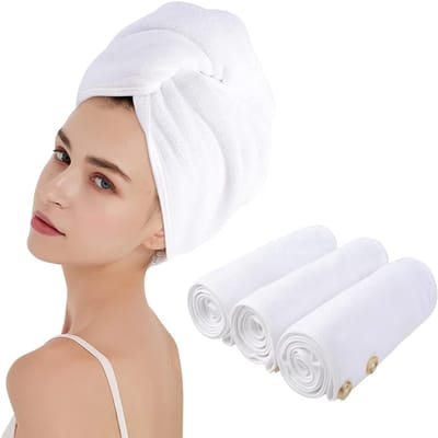 Famanu - Set van 3 haarhanddoeken voor dames, sneldrogend en absorberend, universele maat – Wit