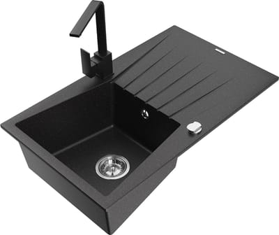 Mexen Cesar granieten spoelbak 1-compartiment met afdruiprek en keukenkraan Rita, zwart/zilver metallic - 6514-73-670300-70