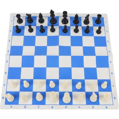 Schaakset voor op tafel 75mm Hoogte Kunstmatige PU Velvet 42cm Blauw en Wit Schaakbordspel voor