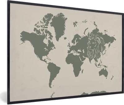 Poster in lijst - Fotolijst 90x60 cm - Posters - Wereldkaart - Dieren - Leeuw - Posterlijst zwart - Decoratie - Wanddecoratie woonkamer - Muurdecoratie slaapkamer