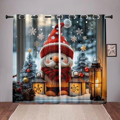 Kerst Gnome Gordijnen 2 Panelen 3D Print Zonwerend Winter Decor Slaapkamer Woonkamer Noordse Dwerg Lantaarn Sneeuwscène Vakantie 50W60H(CM)X2PCS&Rod Pocket
