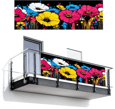 Balkonscherm 300x100 cm - Balkonposter Graffiti - Bloemen - Kleur - Balkon scherm decoratie - Balkonschermen - Balkondoek zonnescherm