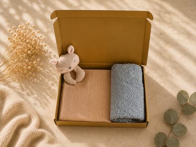 Kraampakket eige / lichtblauw – Hydrofiele Knuffeldoek & Slab 100% Katoen – Baby Cadeauset – babyshower – baby jongen – Gouden Geschenkverpakking – Brievenbus Kraamcadeau