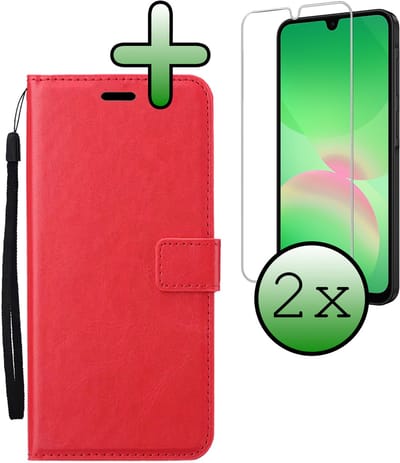 Hoesje Met 2x Screenprotector - Geschikt voor Samsung Galaxy A26 - Luxe Pasjeshouder - Bookcase Portemonee - Flip Case - Kunstleer Book Case - Flipcase Hoes - Book Cover - Walletcase - Portemonneehoes - Rood
