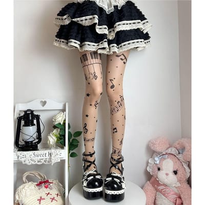 Muzieknoot Zwarte Kousen Symbool Print Lolita Panty's Dames Kousen Goed Zoet Hoge Y2K Meisjes Kousen Panty's Club Feest Panty's M gray