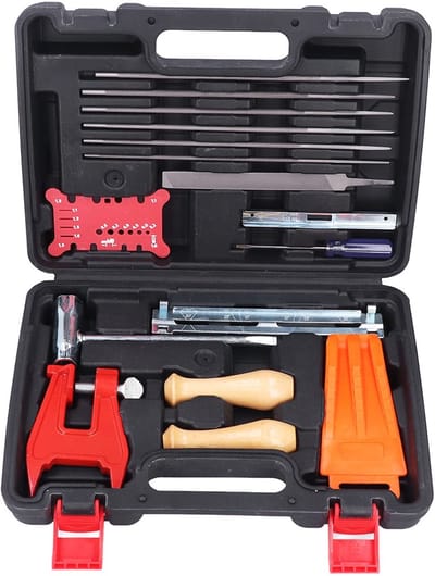 High-quality saw chain, sharpening set, 16 pieces, quality saw chain, polishing tool, complete, robust and versatile, with simple locks for