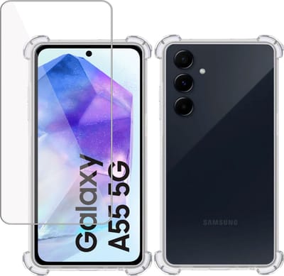 Hoesje + Screenprotector geschikt voor Samsung Galaxy A55 – Tempered Glass - Extreme Shock Case Transparant