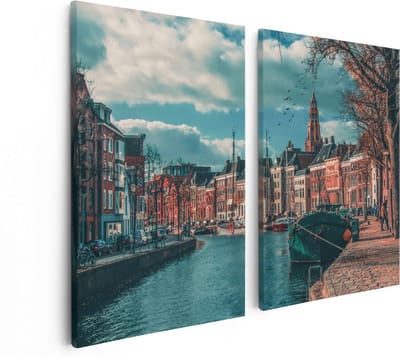 Artaza Canvas Schilderij Tweeluik Gracht in Groningen  - 80x60 - Foto Op Canvas - Canvas Print