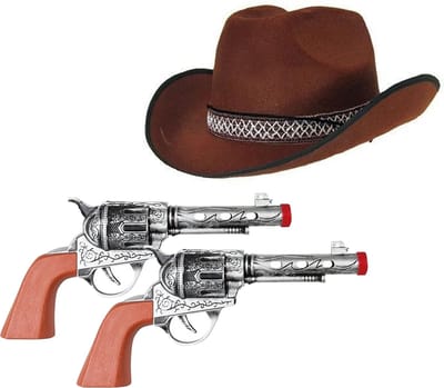 Faram - Cowboyhoed bruin - en 2 revolvers - verkleed set - voor volwassenen - carnaval