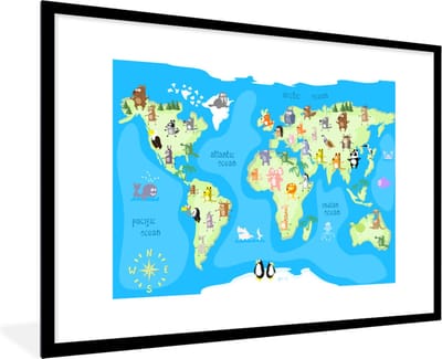 Poster in fotolijst kind - Wereldkaart - Kind - Dieren - Blauw - Jongens - Meisjes - Decoratie voor kinderkamers - 120x80 cm - Poster kinderkamer - Muurdecoratie kinderkamer