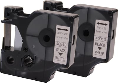 KATRIZ® huismerk label tape voor Dymo 40913 | LabelManager PNP/LabelPoint 150/Protable Labeler PL200/RhinoPRO 5200/6000 | Zwart op Wit | 9mm*7m | 2 stuks