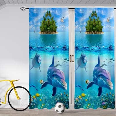 2 stuks Gordijnen met Dolfijnenpatroon Decoratieve Raamgordijnen Raamdecoratie Voor Slaapkamer Woonkamer Huisdecoratie Kamerdecoratie 100W130H(CM)40x51in&rod pocket blue