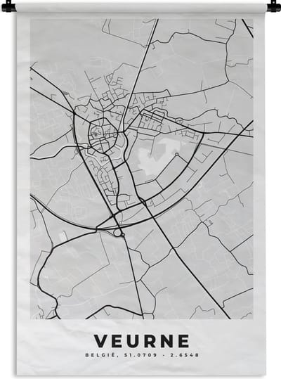 Wandkleed - Wanddoek - Zwart Wit – België – Plattegrond – Stadskaart – Kaart – Veurne - 120x180 cm - Wandtapijt