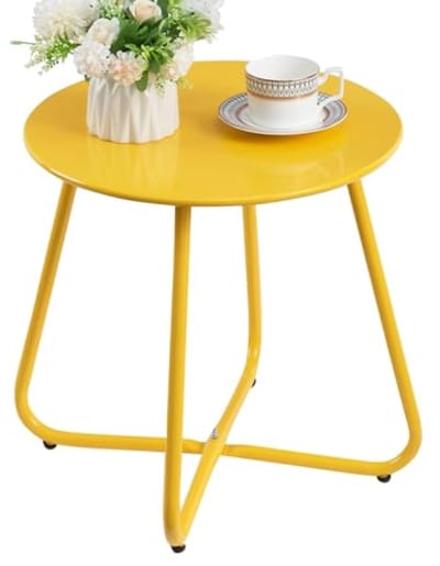 Ronde bijzettafel voor buiten - Verstelbare hoogte - Geel - Weerbestendig gepoedercoat staal - Geschikt voor terras, balkon en woonkamer