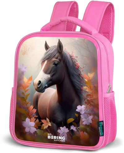 NoBoringSuitcases.com® - Rugzak roze - Schooltas meisjes - Paard - Manen - Grijs - Bloemen - Kinder rugtas meisje - Boekentas kind - Kinderrugzak voor school - Schoolrugzak