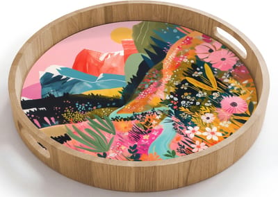 Dienblad rond 40x40 cm - Schootdienblad hout - Rivier - Diepte - Bloemen - Borrelplank rechthoek - Plateau houten dienbladen