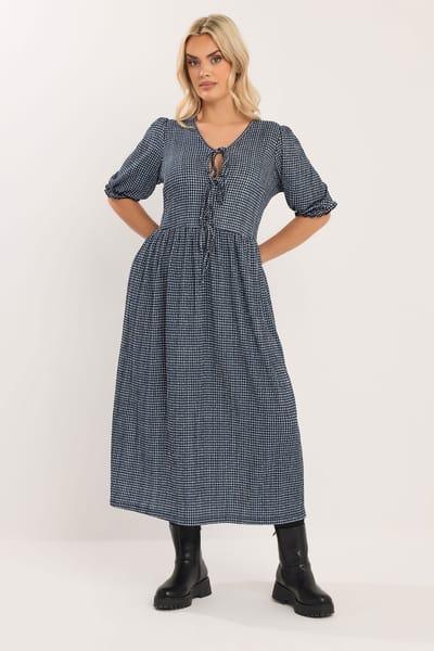 Yours Zwarte Midaxi Jurk Met Gingham Strik Aan De Voorkant Size 42