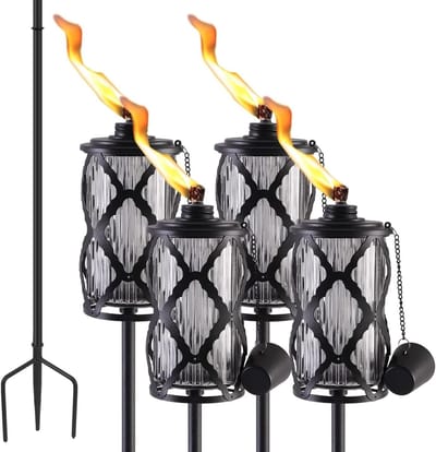 Glazen Tuinfakkels - Buitenverlichting Set - Sfeervol Verlichten - Stabiele Drievoudige Staak - Set van 4 - Zwart