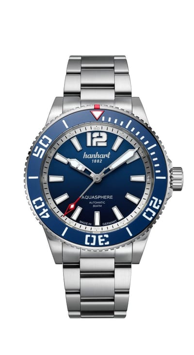 Hanhart Aquasphere Ocean Fade - Horloge - blauwe rand lunette - stalen band - 42 mm