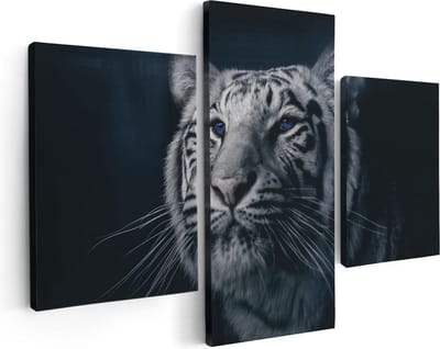 Artaza Canvas Schilderij Drieluik Tijgerkop Met Blauwe Ogen - Zwart Wit - 90x60 - Foto Op Canvas - Canvas Print