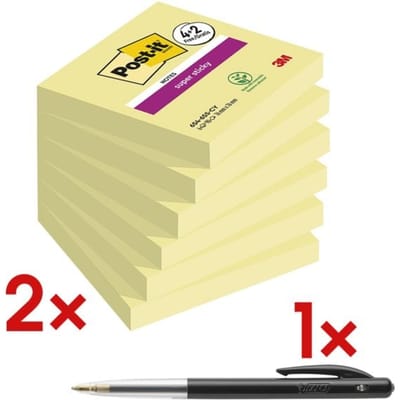 Post-it Super Sticky Sticky Notes Geel 76 x 76 mm, dubbele kleefkracht, verwijderbaar zonder lijmresten, voordeelverpakking 4+2 pads, PEFC